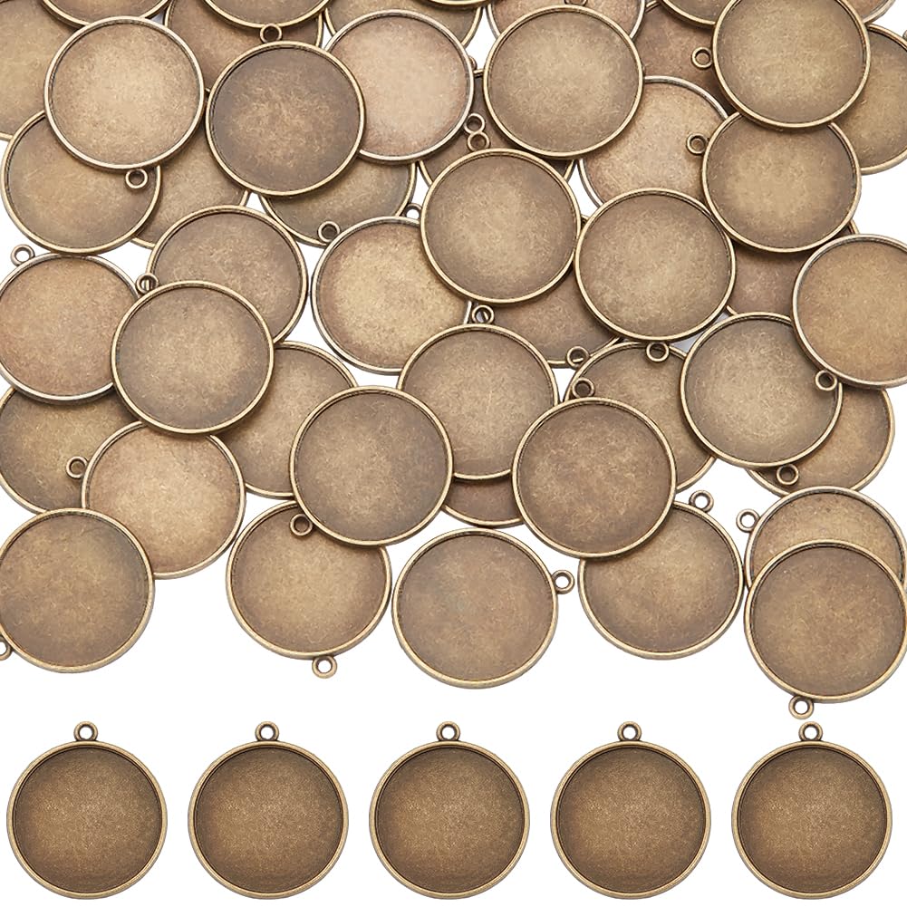 SUNNYCLUE 1 Box 50Pcs Tray Pendants Round Bezel Pendant Blanks Base Plain Edge Photo Metal Antique Bronze Alloy Cabochon Settings for jewellery Making Charms Supplies DIY Crafting Necklace Bracelet