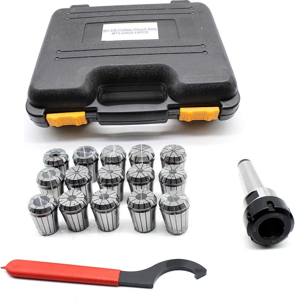 15 PCS Precision MT3 ER32 Collet Set Shank Chuck+Spanner with Box For Milling Machine & Storage box