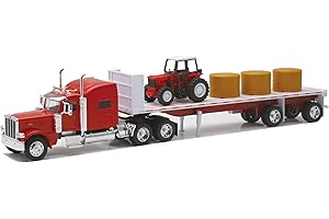 NEWRAY New-Ray Peterbilt 389 with Hay and Farm Tractor Playset 1/32 Scale Model Toy Vehicles, 10293A, Red