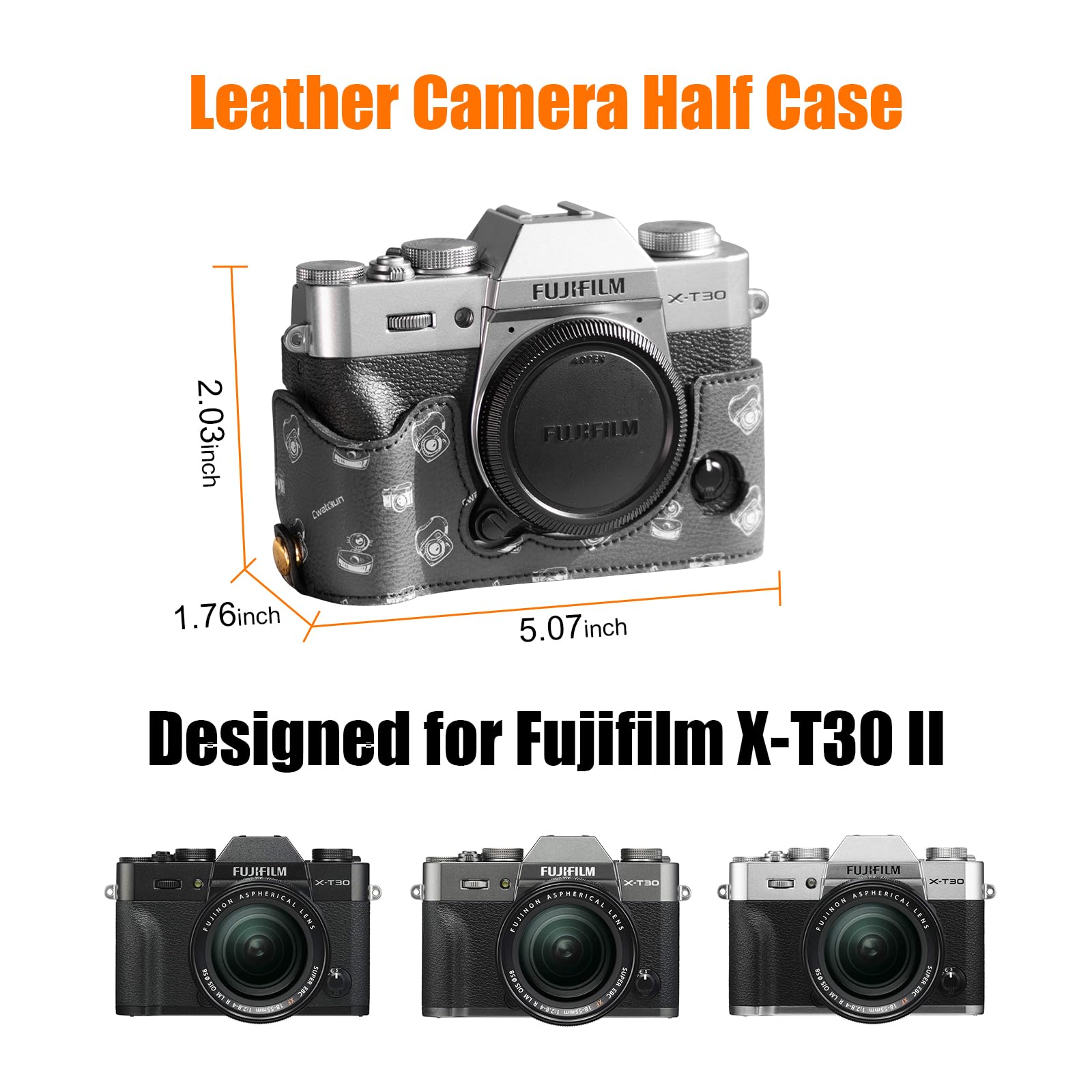 Cwatcun Leather Camera Half Case Compatible with Fujifilm X-T30 II, Vintage Pattern Style Leather Half Case with Magnetic Battery Access, Black