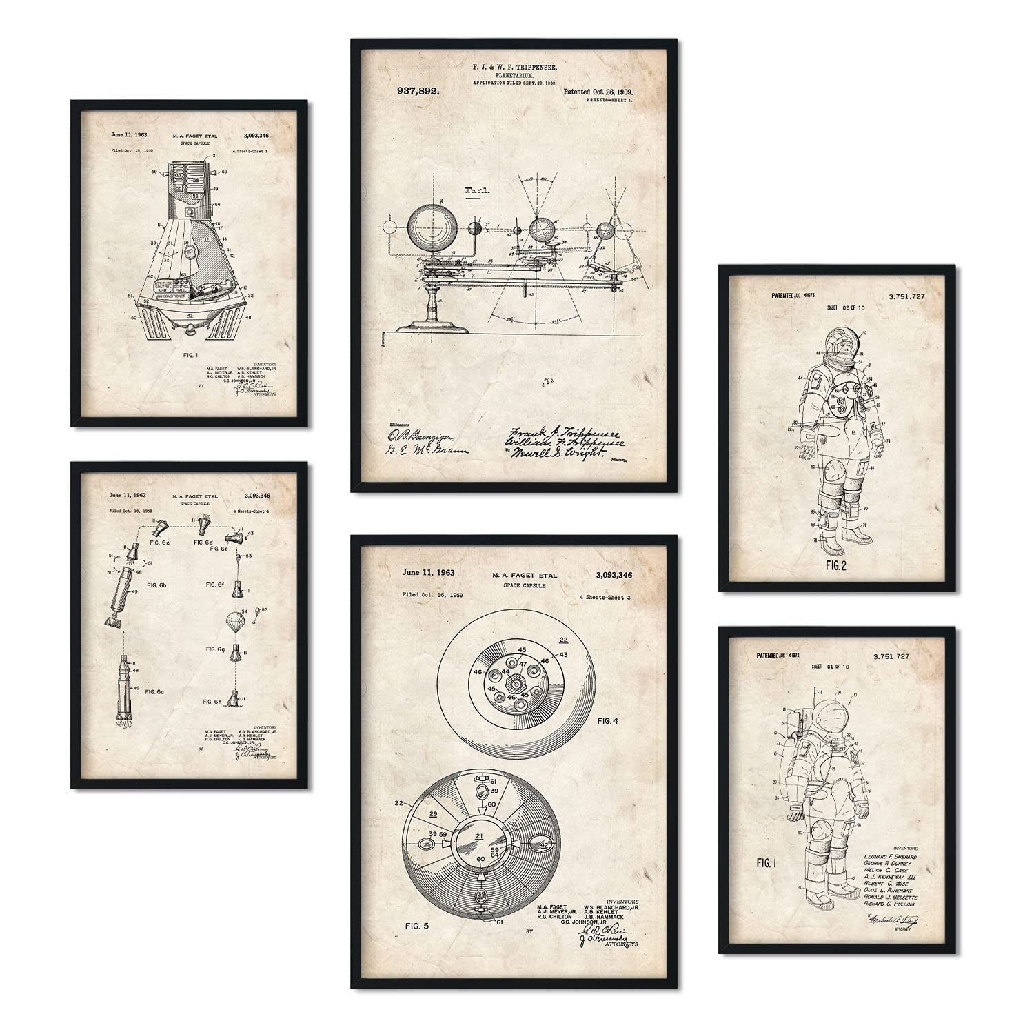 Nacnic Set of 6 Astronaut patent prints. Posters with retro patent illustrations for your home, shop, office... Vintage style interior decoration. A4 and A3 sizes. No frame.