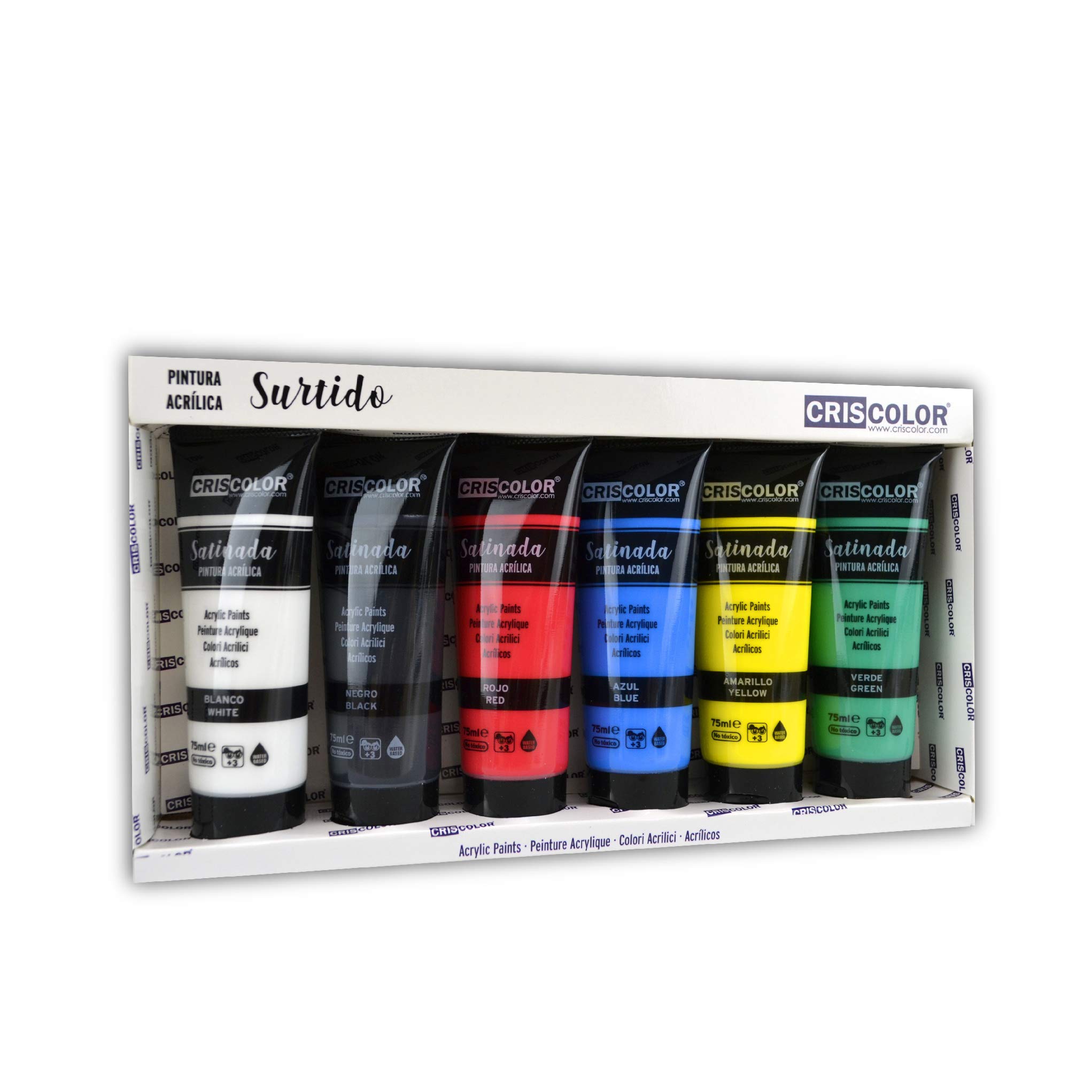 Criscolor 8435621413236 Acrylic Paint Set of 6 Colours for Canvas and Crafts, Assortment, 75 ml (Pack of 6)