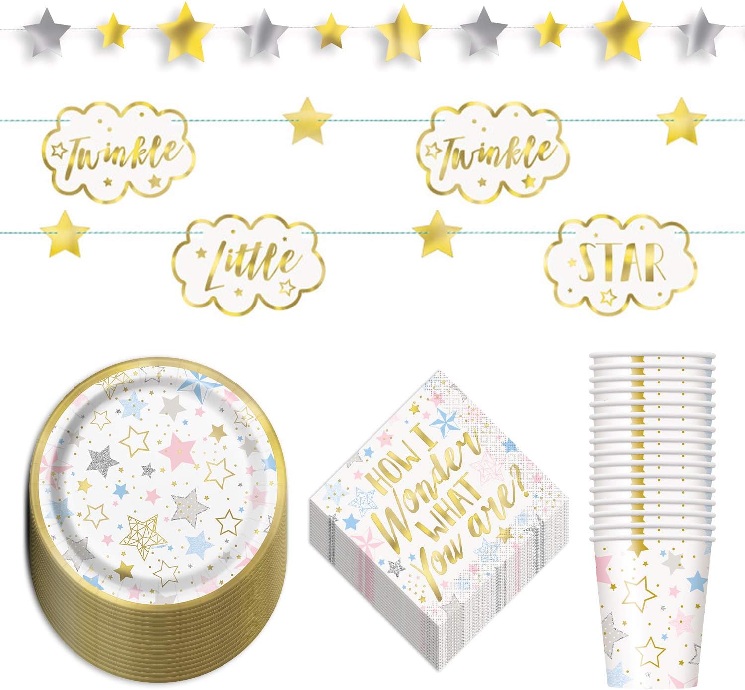 Twinkle Little Star Metallic Dinner Party Pack - Dinner Plates, Beverage Napkins, Cups, Table Cover, and Twinkle Garland (Serves 16)