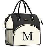 Personalized Lunch Bag for Women, Preppy Reusable Insulated Initials Lunch Box Gift for Friend Large Wide-Open Water Resistant Adult Cooler Tote Bag for Work, Travel, Picnic - Black M
