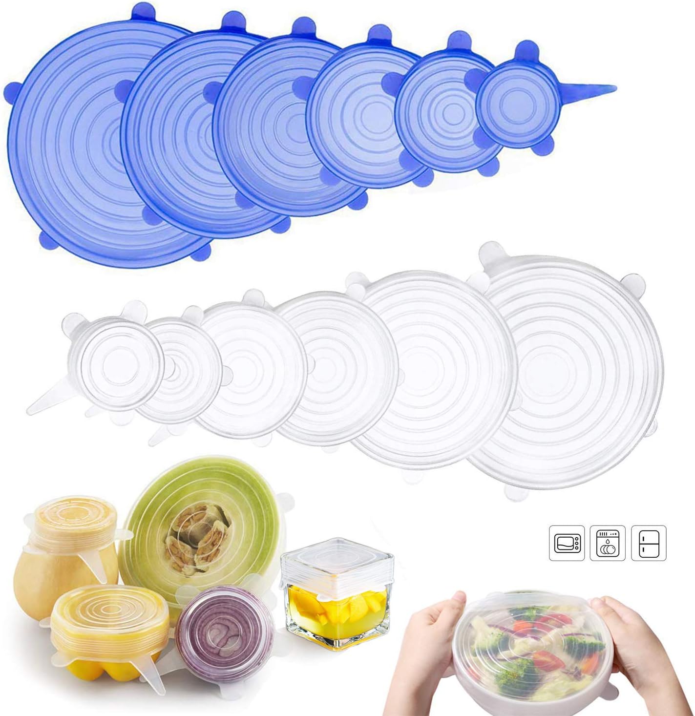 Silicone Stretch Lids,Reusable Durable and Expendable 12 Pack Multi Size Seal Lids Fits 2.6"- 11",Eco-Friendly Stretch Container Keep Food Fresh for Bowls,Pots,Mugs,Food Covers