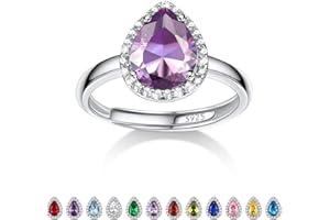 BESTYLE 925 Sterling Silver Birthstone Rings for Women Girls with Clear 2ct Heart/Round/Teardrop/Square Crystal, Solitaire Diamond Halo Open Bands Cubic Zirconia Rings Adjustable Size#6-#12