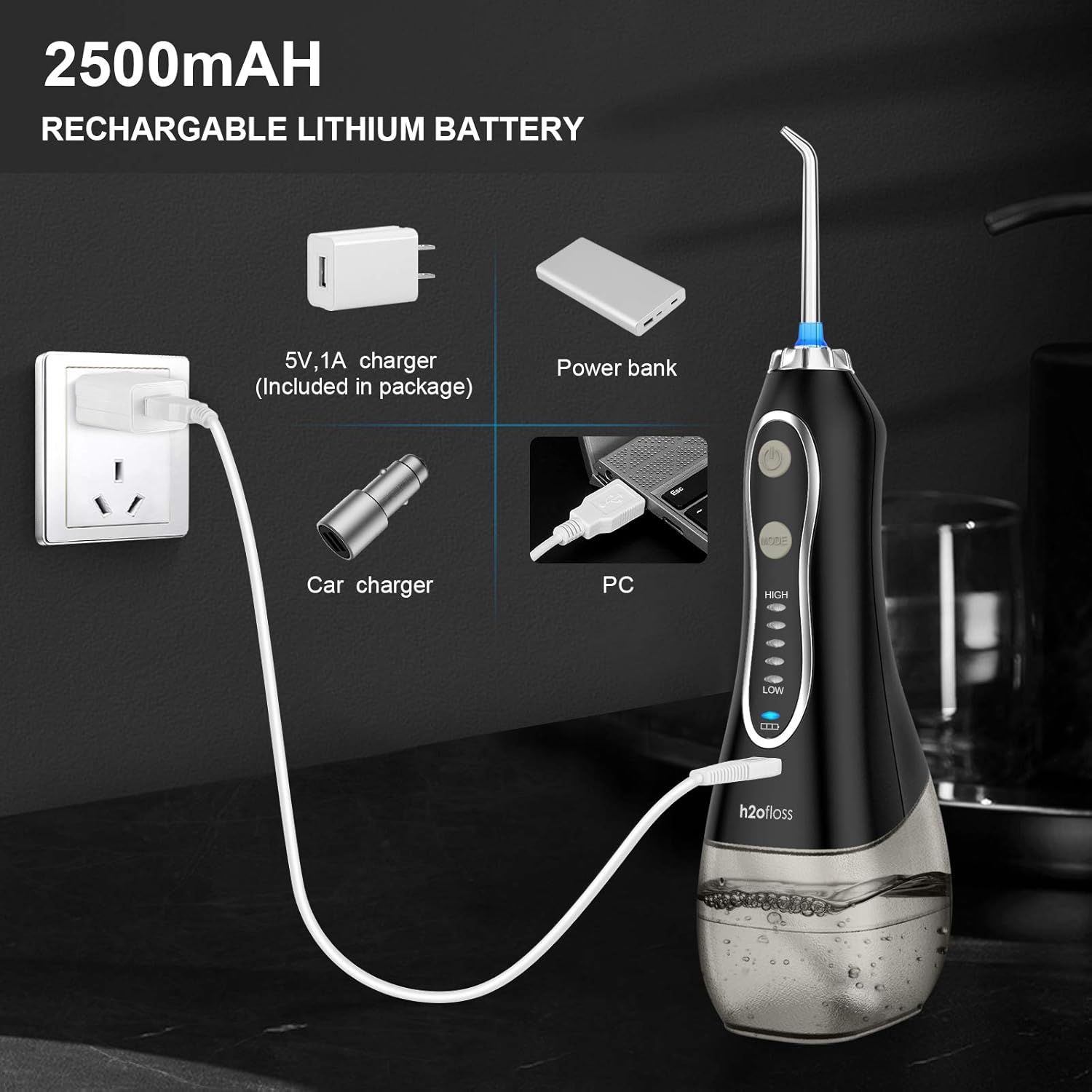 H2ofloss Water Flosser Portable Dental Oral Irrigator with 5 Modes, 6 Replaceable Jet Tips, Rechargeable Waterproof Teeth Cleaner for Home and Travel -300ml Detachable Reservoir: Beauty