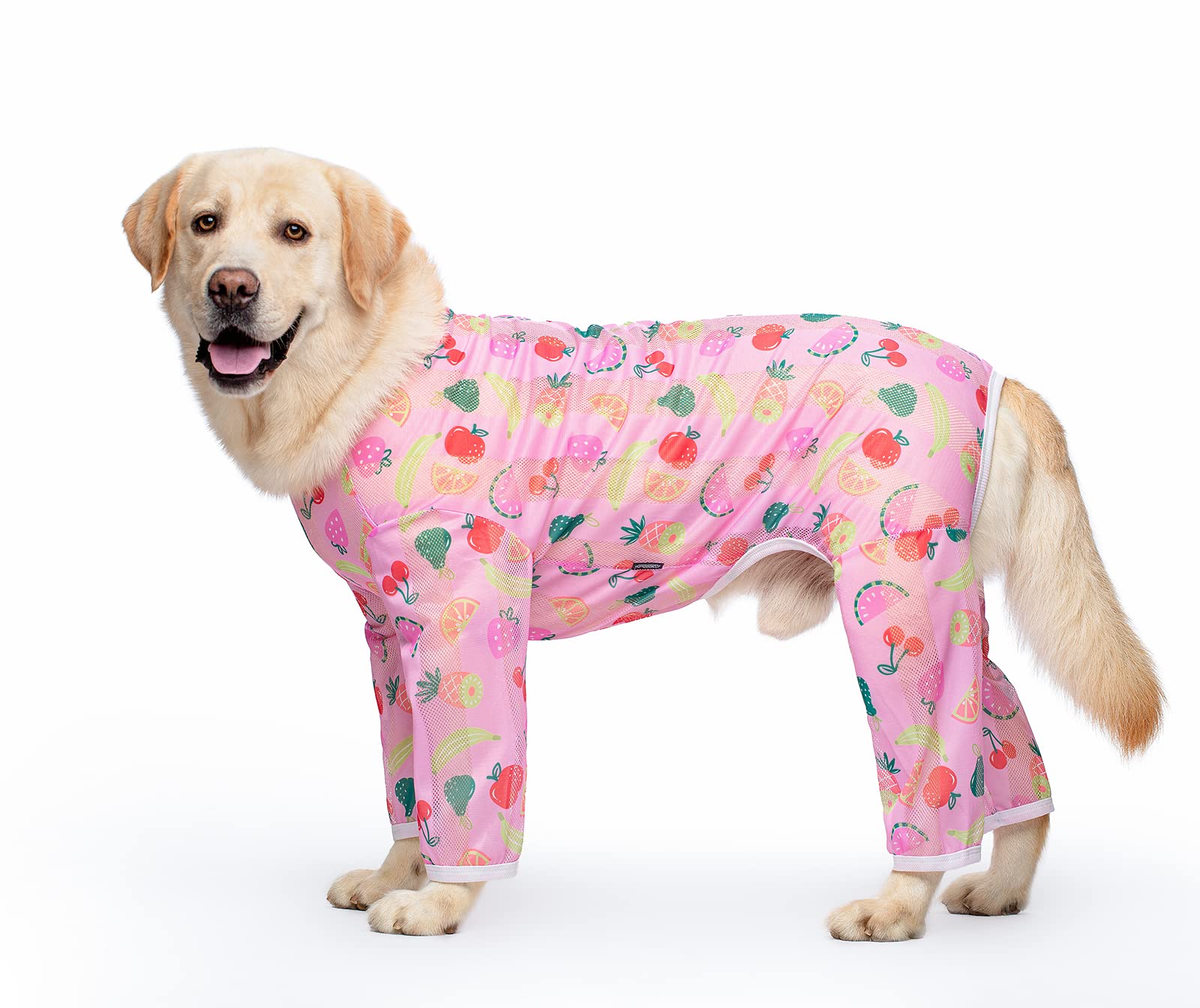 BT Bear Dog Cooling Clothes, Breathable Mesh Pajamas for Dogs, Sunscreen Four-Legged Jumpsuit Costumes for Medium and Large Dogs Indoor Outdoor (4XL, Pink Fruit)