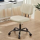 Sweetcrispy Small Office Desk Chair - Armless PU Leather with Comfy Lumbar Support, Height Adjustable Rolling Swivel Task for No Arms, for Adult, Student, Bedroom, Home, Vanity, Beige White
