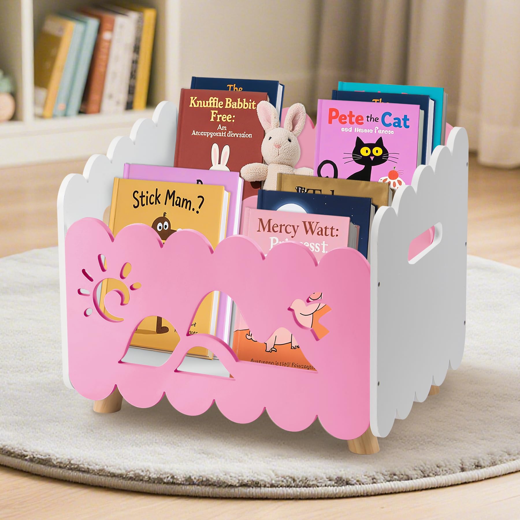 Photo 1 of Calmbee Wooden Kids Bookshelf with 2 Adjustable Dividers, Montessori Bookshelf with Animal Carvings for Nursey Room Classroom Playroom, Toy Storage Oragnzier, for Your Baby´s Bedroom, White and Pink