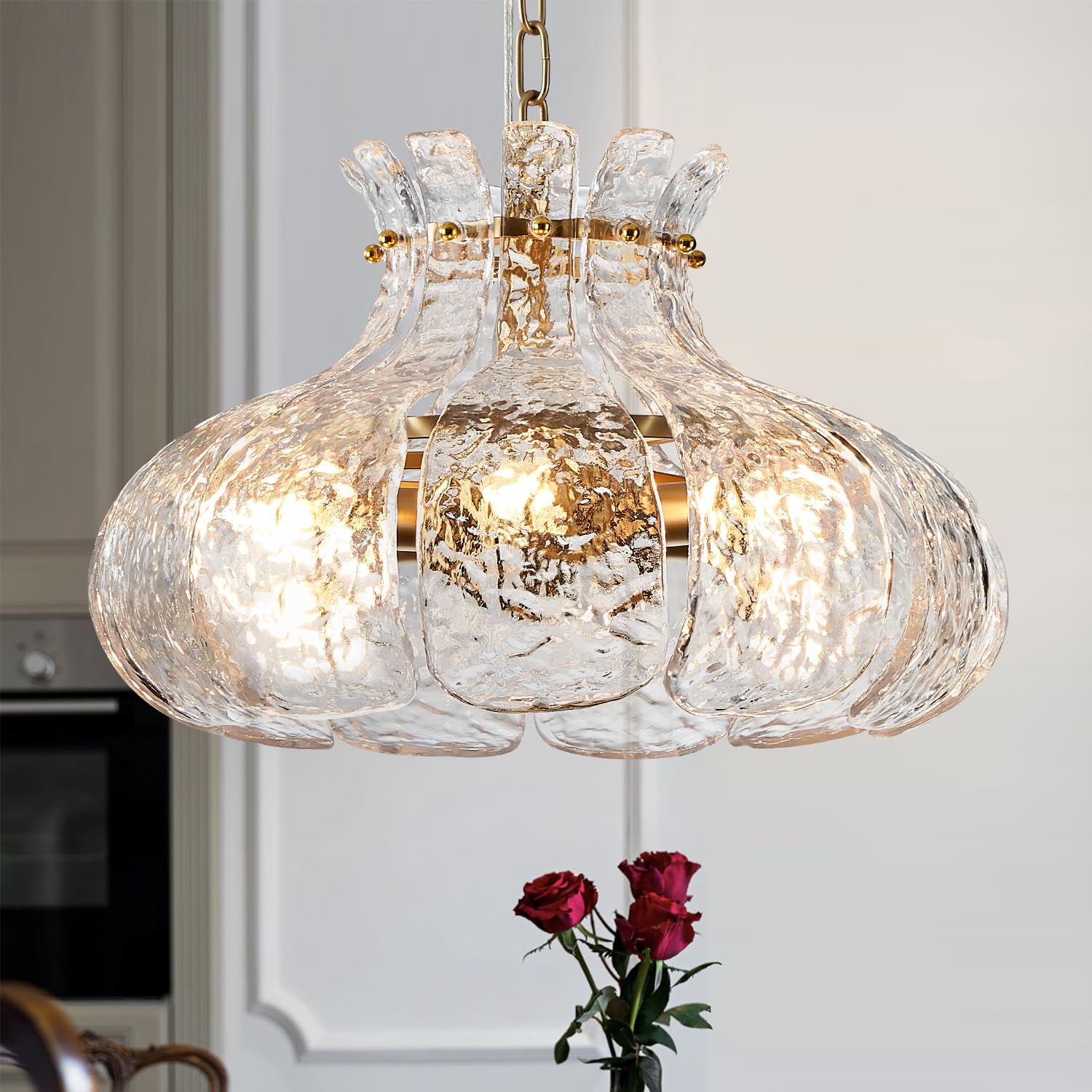 Photo 1 of Poemoon 6-Light Modern Glass Chandelier 15.7" Luxury Water Ripple Glass Pendant Chandelier Gold Hanging Lighting for Dining Room,Living Room,Kitchen,Entryway,Hallway,Bedroom,E12 Base