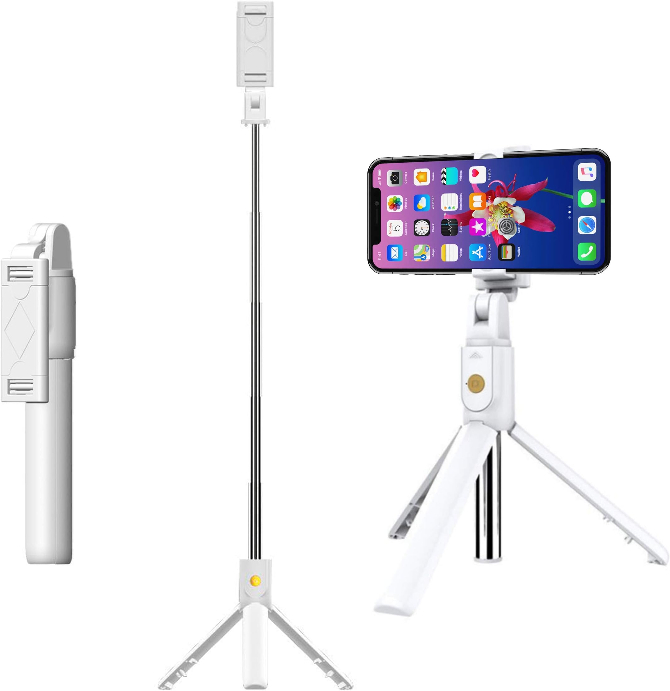 Selfie Stick Tripod with Bluetooth Remote | All-in-One | Take Stable Pictures | Travel Size, Fun Gift, Great Pictures | Batteries Included | by Travelle (White)