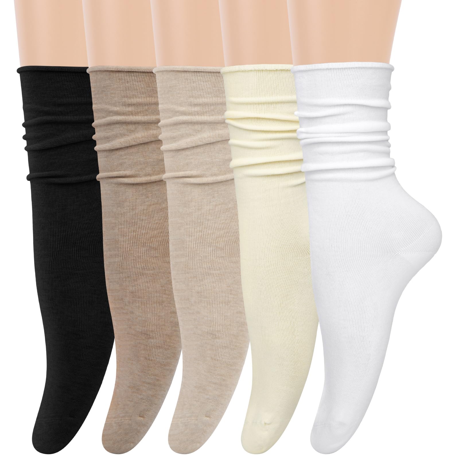 Photo 1 of 5 Pairs Slouchy Socks for Women, Crew Cotton Socks with Cute Roll Top Casual Calf Long Sock, Light Color