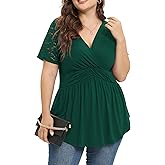 TIANZHU Women Plus Size Top Short Sleeve Wrap Lace Dressy Shirt Sexy Low Cut Babydoll Blouses