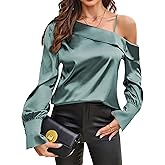 ZAFUL Women's Satin-Silk-Tops Sexy Off The Shoulder Dressy Blouse for Party Casual Long-Sleeve Elegant Shirt
