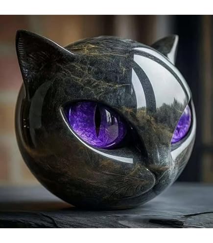 Statue De Chat En Céramique Pierre Noire Avec Yeux Verts - Sculpture Porte-bonheur - Décoration Maison Ou Bureau - Cadeau Raffiné