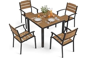 Cozyman HDPS Patio Table and Chairs Set, 5 Piece Square Table Patio Furniture Set, HDPS All-Weather Material Outdoor Dining Table and Chair,Outdoor Furniture Set with Umbrella Hole, Brown-Oil Printed