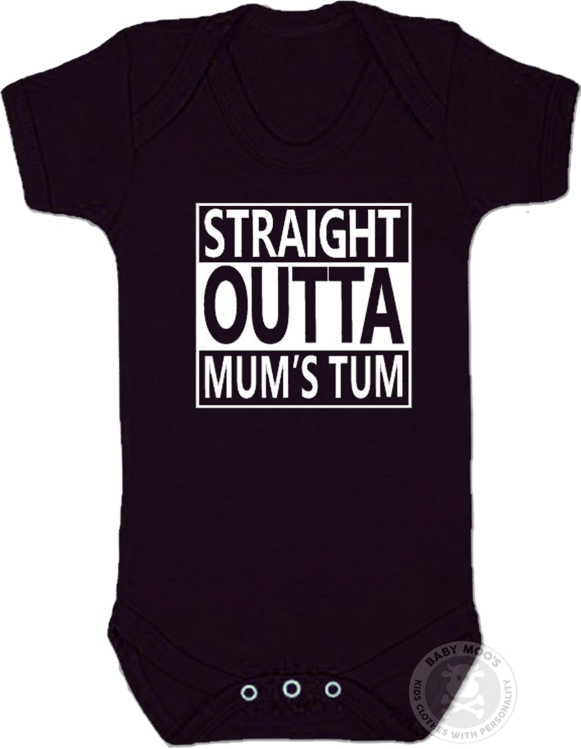 Baby Moo's Funny Baby Grow - Straight Outta Mum's Tum, Black, 0-3 Months (Pack of 1)