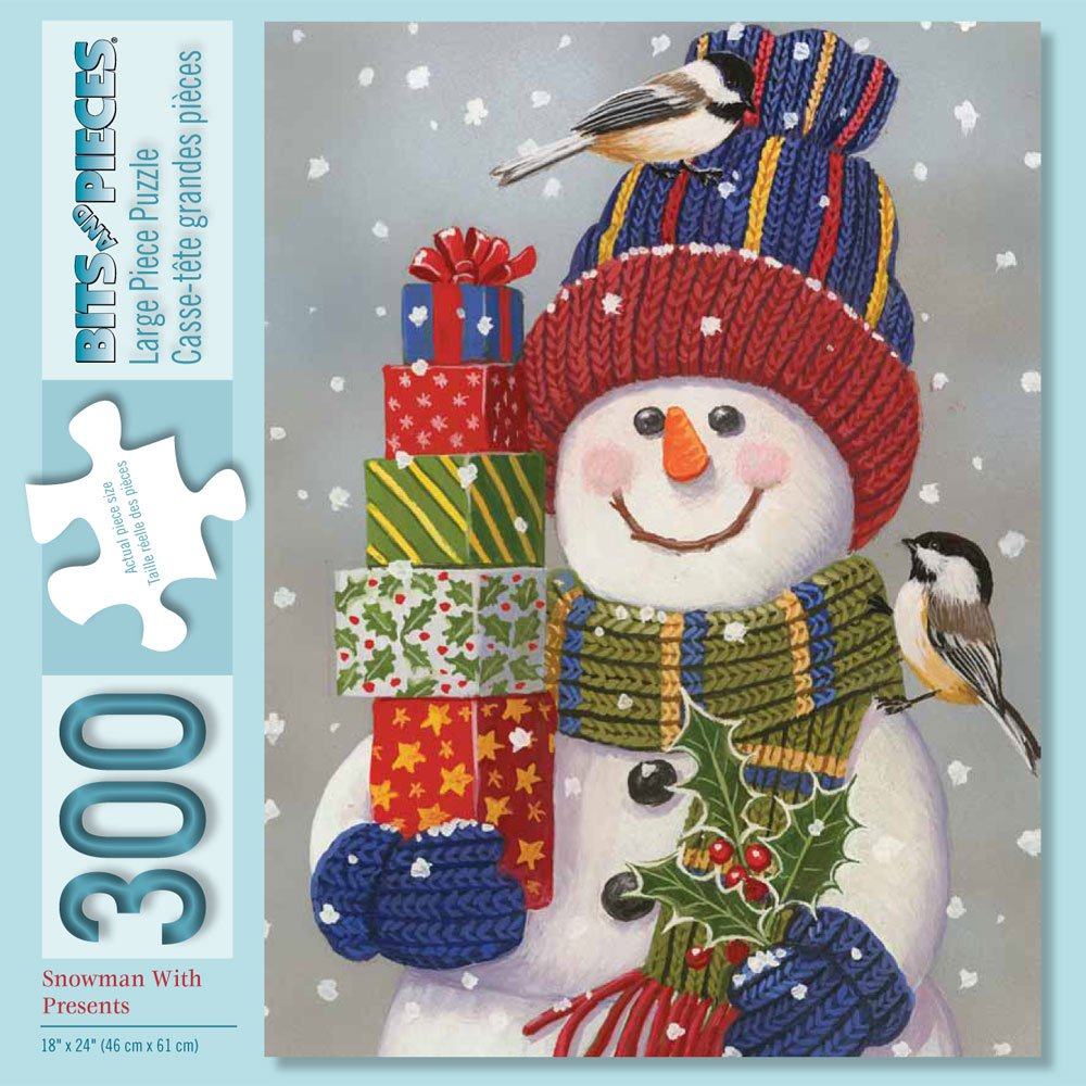 Bits and Pieces - 300 Large Piece Jigsaw Puzzle for Adults - Snowman with Presents - Snowman Christmas Puzzle - 300 pc Jigsaw by Artist William Vanderdasson