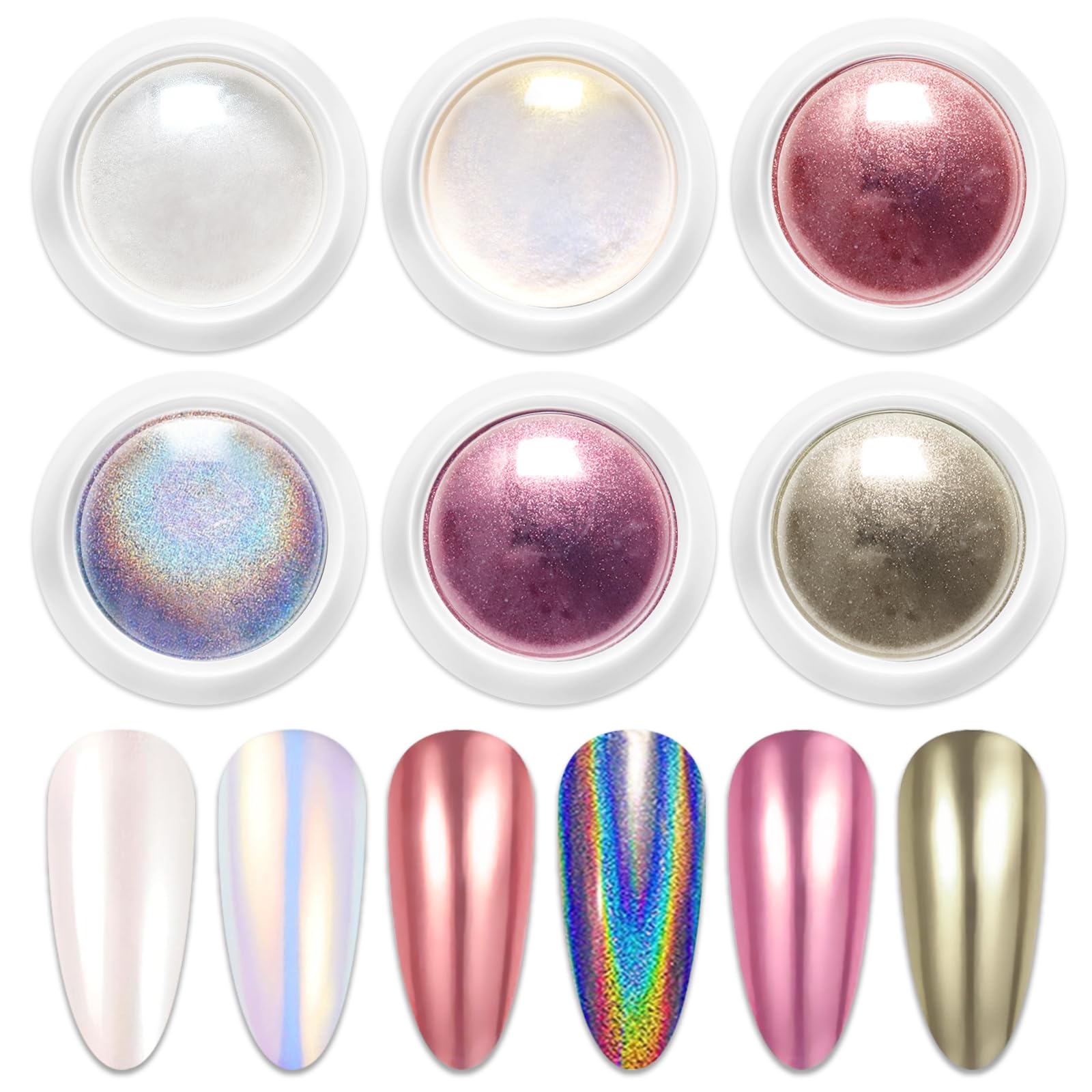 BISHENGYF 6 Boxes Chrome Nail Powder Rose Gold Champagne Silver Pink Rainbow Mirror Effect Holographic Aurora Iridescent Pearlescent Manicure Nail Art Decoration Glitter