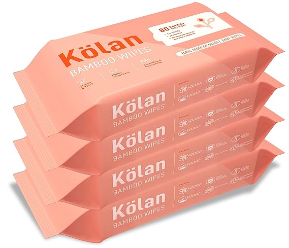 Kolan Eco-Friendly Bamboo Baby Wipes with Olive Oil, Aloe Vera & Jojoba Oil, 80 Wipes/Pack (Pack of 4)