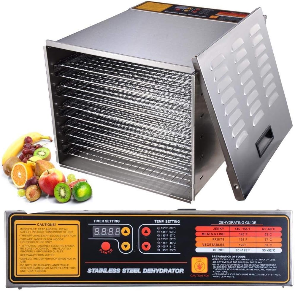 Stainless Steel 10-Tray Racks Commercial Electric Food Dehydrator Machine Jerky Fruit Herb Industrial Grade 16 Square Feet 15 Hours 1200W 110V