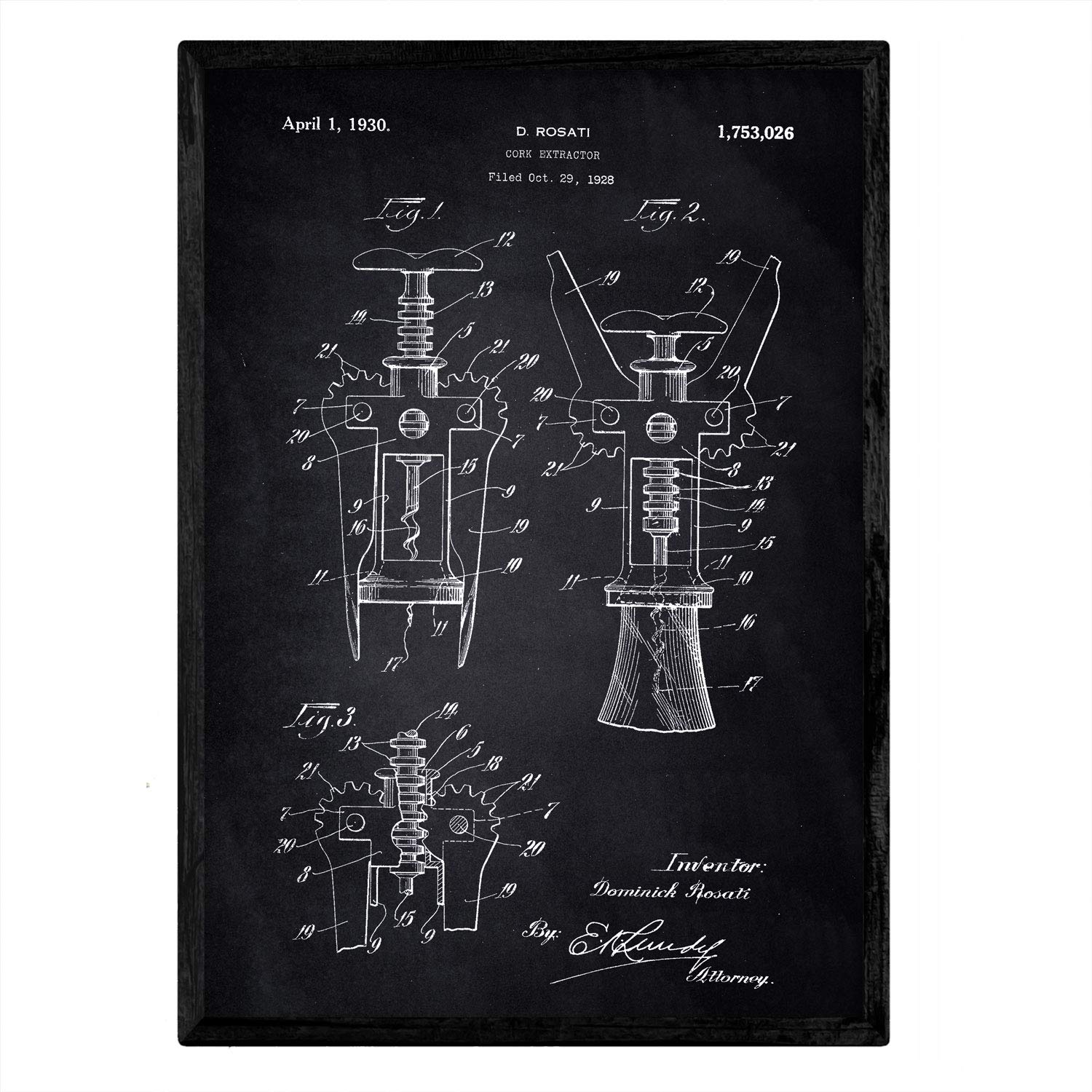 Nacnic Poster patent Corkscrew. Sheet with old design patent A3 size with black background