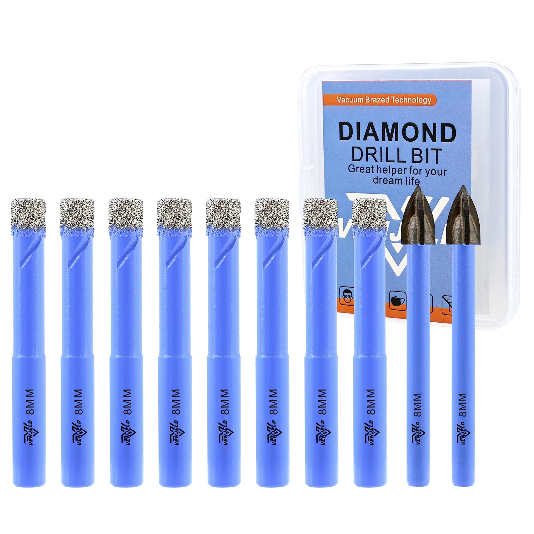 VENJELD Dry Diamond Drill Bits Set - 8mm 8Pcs Tile Hole Saw Kit and 2Pcs 8mm Carbide Drill Bit for Ceramic Porcelain Tile Marble Granite - Round Shank with Storage Case