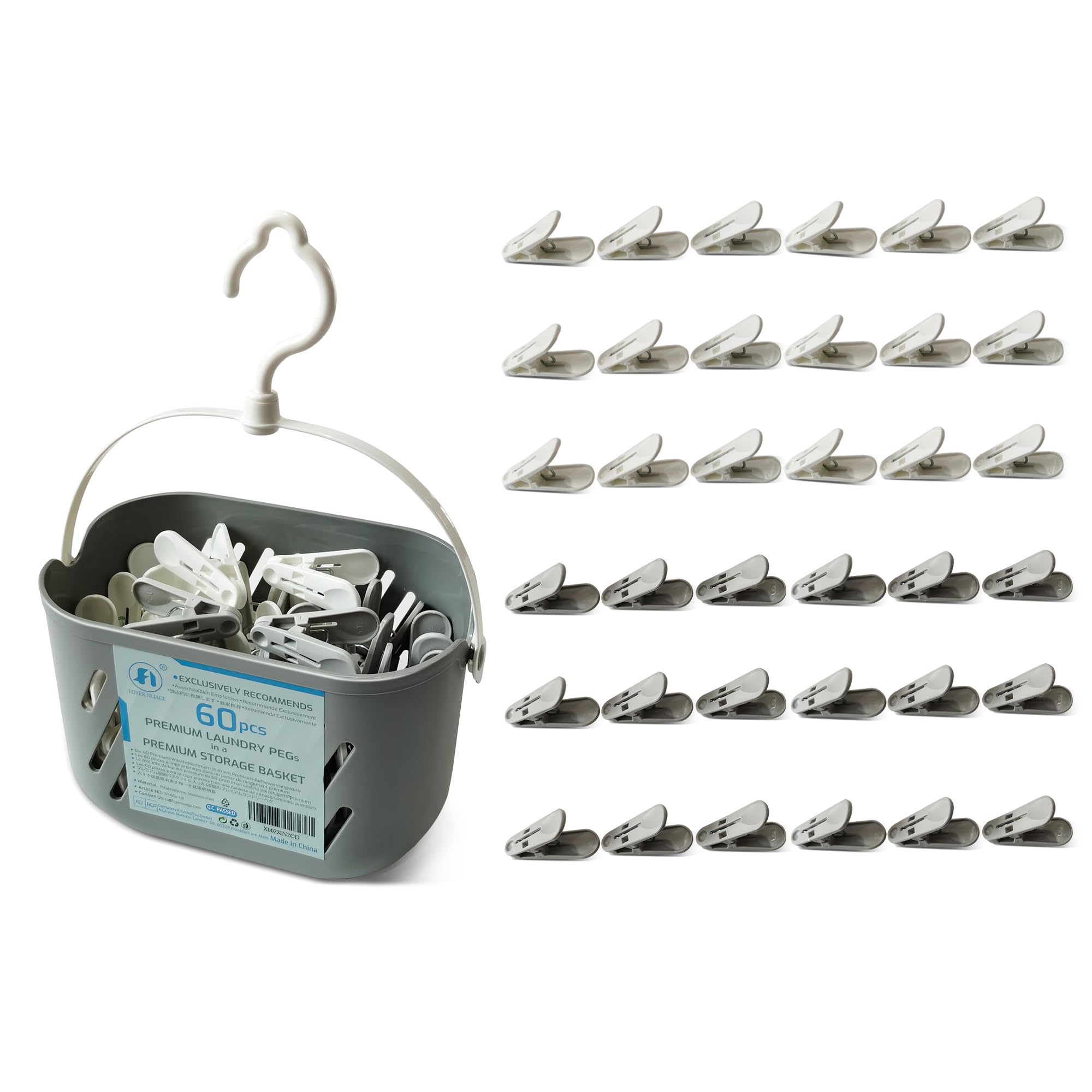 Foyer Nuage Premium Plastic Laundry Pegs, Pack of 60 With Basket, Windproof Clothes Pegs for Washing Line, Bag Sealing Clips
