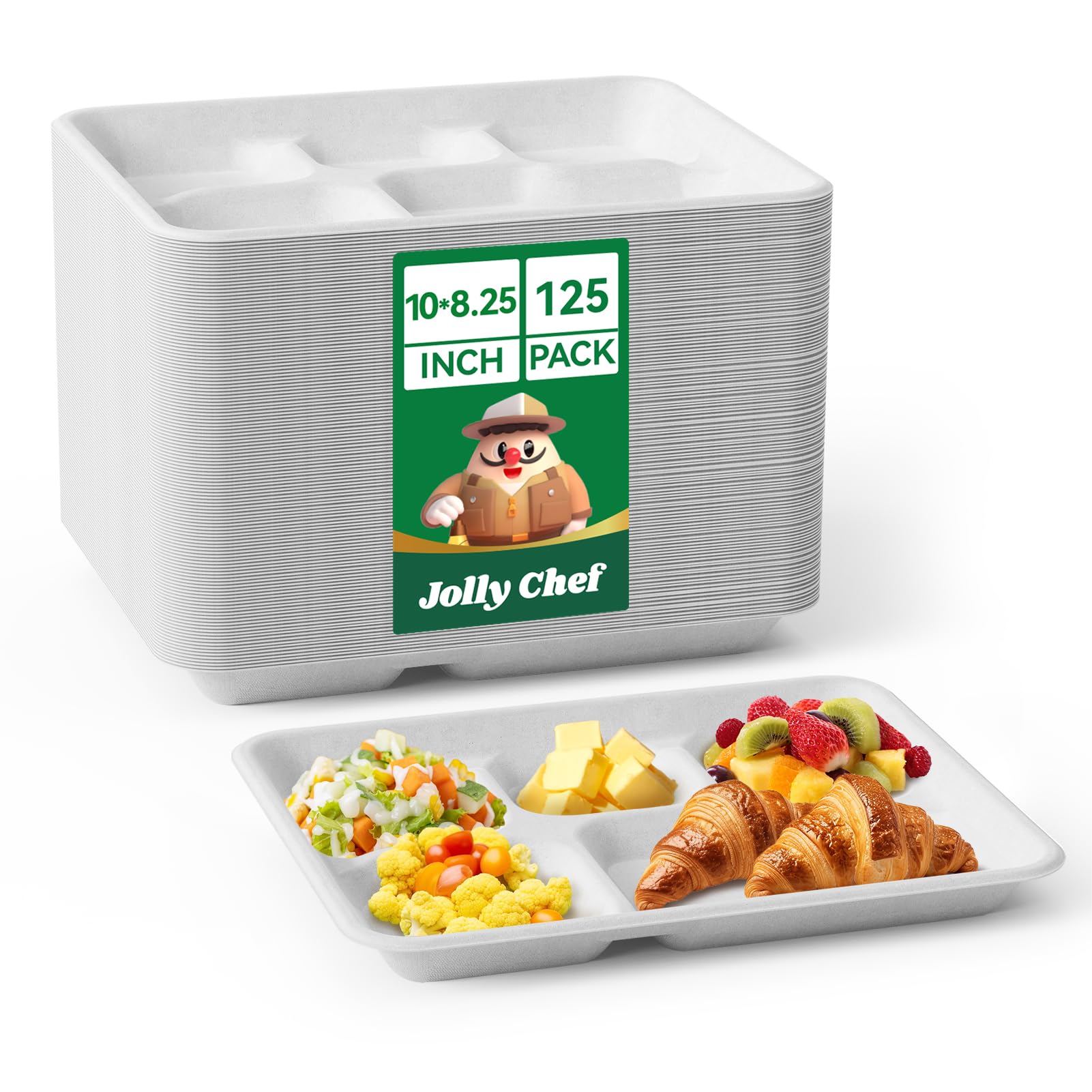 Photo 1 of JOLLY CHEF Compostable ? Compartment Paper Plates 10*8.25*1 ???? [??? ????] Small Heavy Duty Divided Disposable White Eco-Friendly Biodegradable Container Food Tray for School Lunch Buffet