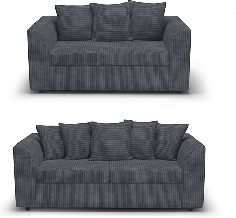 Red Fern Grey Fabric Jumbo Cord Sofa Settee Couch 3 2 Seater