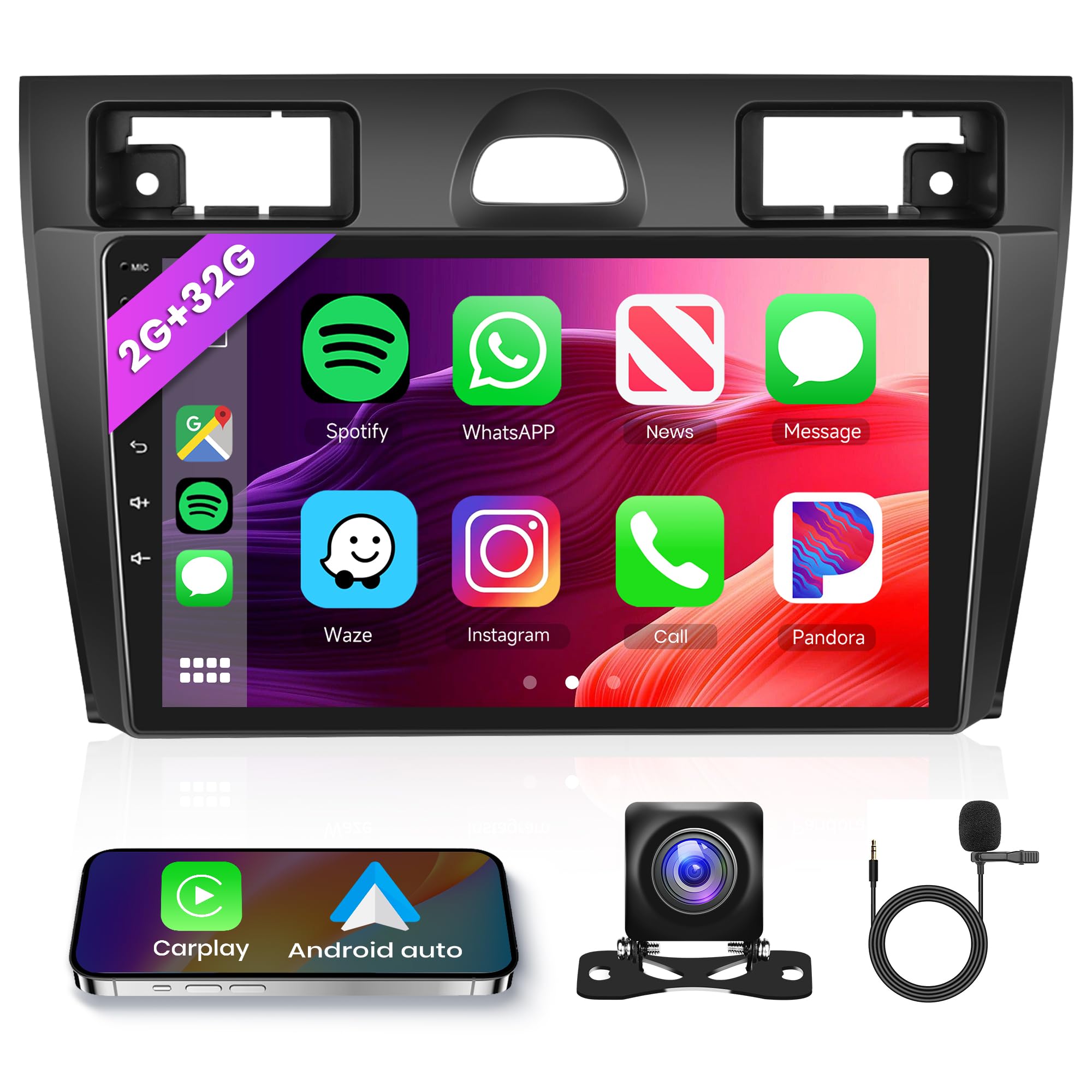 2G+32G Android Car Stereo for Ford Fiesta Mk5 2002-2011 with Wireless Carplay, Rimoody 9 Inches Touch Screen 2 Din Car Radio with GPS Bluetooth Android Auto FM RDS WiFi Backup Camera