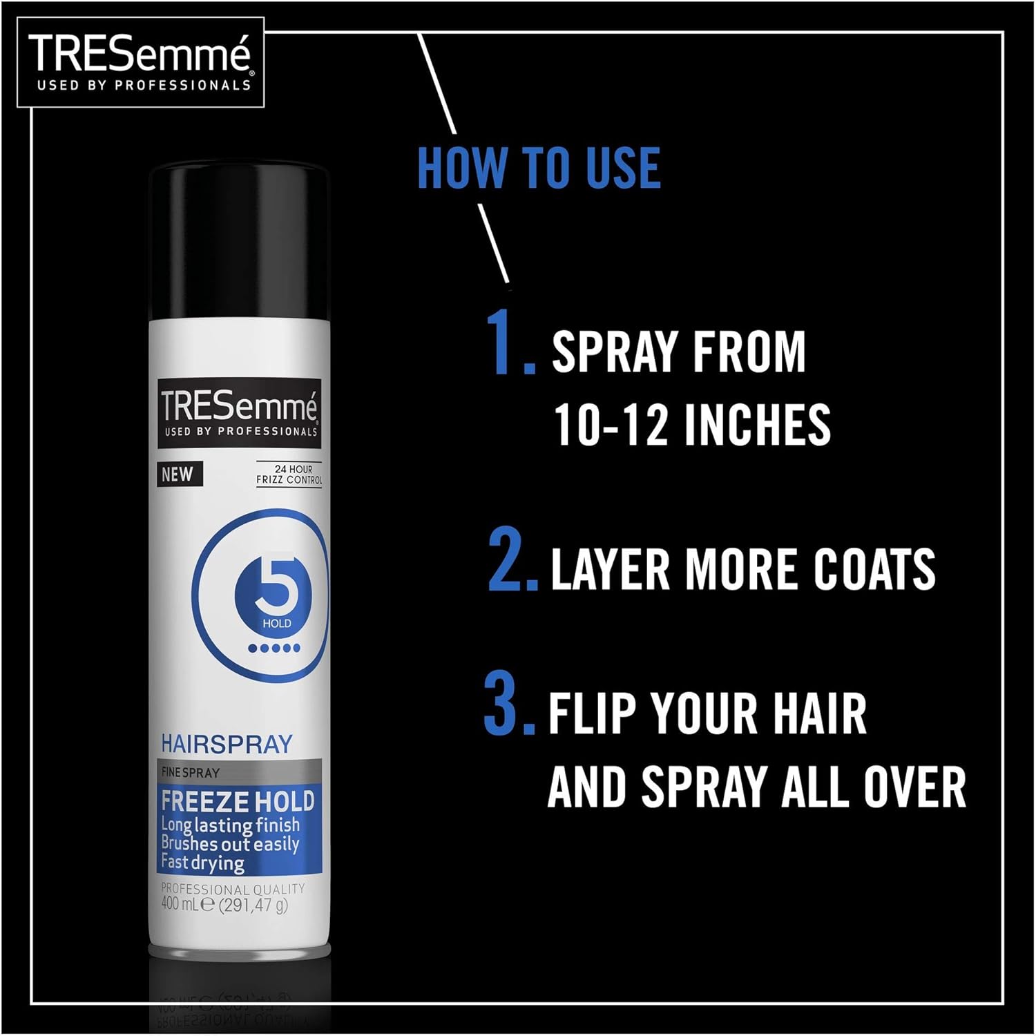 TRESemmé Freeze Hold Hairspray, 24-Hour Frizz Control, Extra Strong Hold & No Sticky Residue or Stiffness, Long-Lasting - Image 5