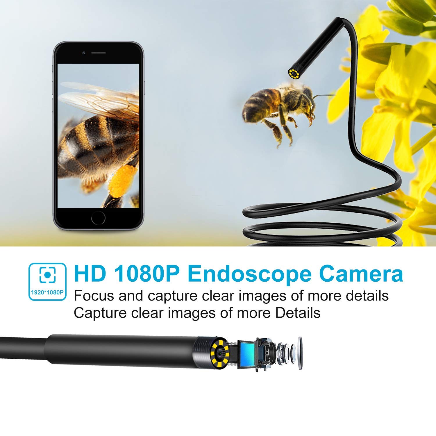 Wireless Endoscope Camera, Baqsoo 2.0 MP 1080P HD WiFi Borescope Inspection Camera IP67 Waterproof Inspection Snake Camera for Android and iOS Smartphone, iPhone, Samsung, Tablet-Black(16.4FT)