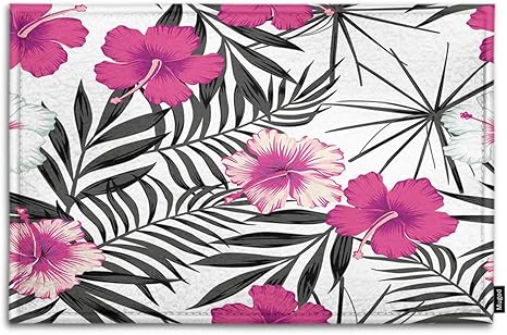 Amazon トロピカルフローラル屋内 屋外玄関マット葉の黒白い背景にピンクの白いハイビスカスの花おかしい玄関マットバスルームキッチンエリア 75x45cm 玄関マット オンライン通販