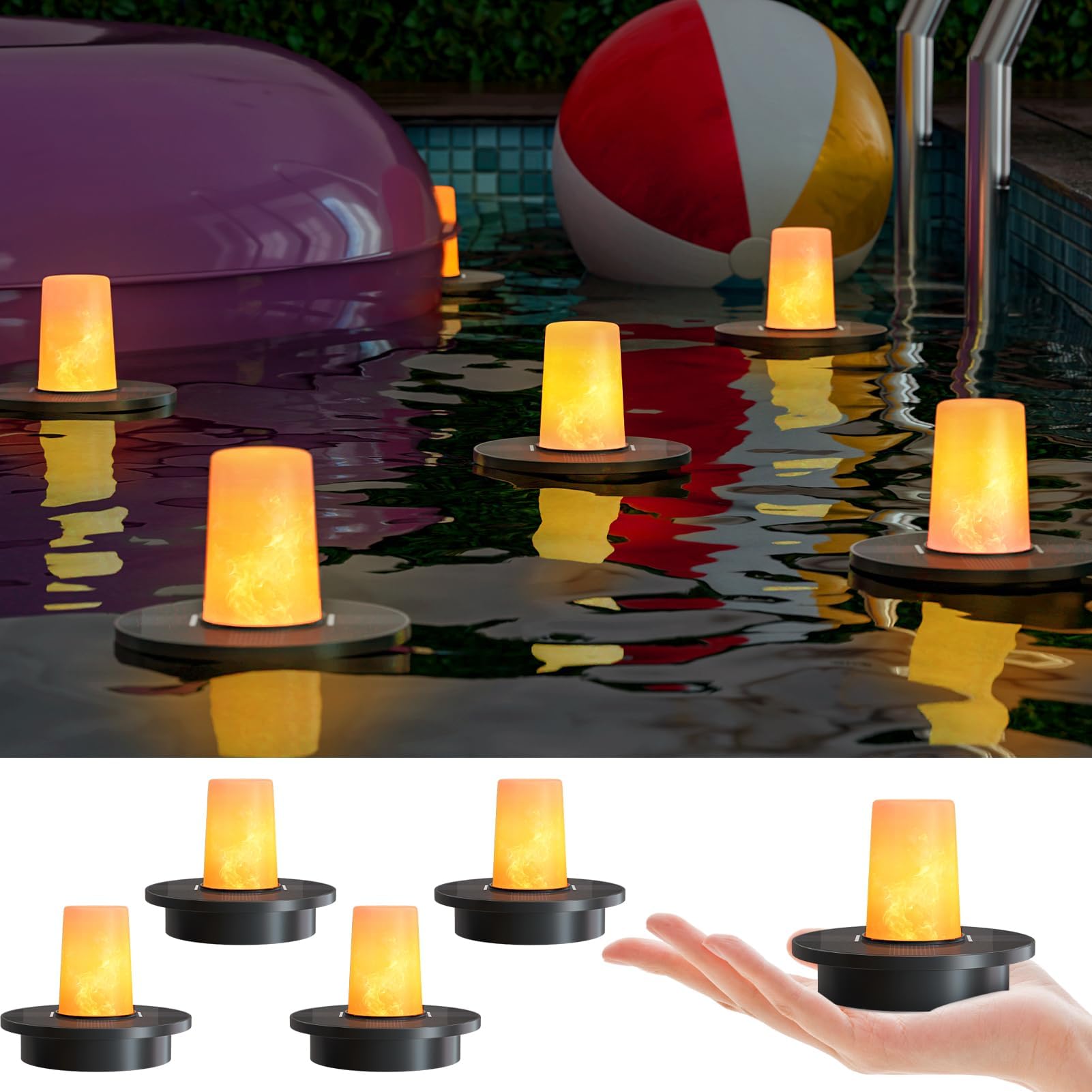 Photo 1 of Small Solar Floating Pool Lights, 5-Pack Solar-Powered Float Candles Lamps Tea Light for Pond Party Garden Backyard Outdoor Decor