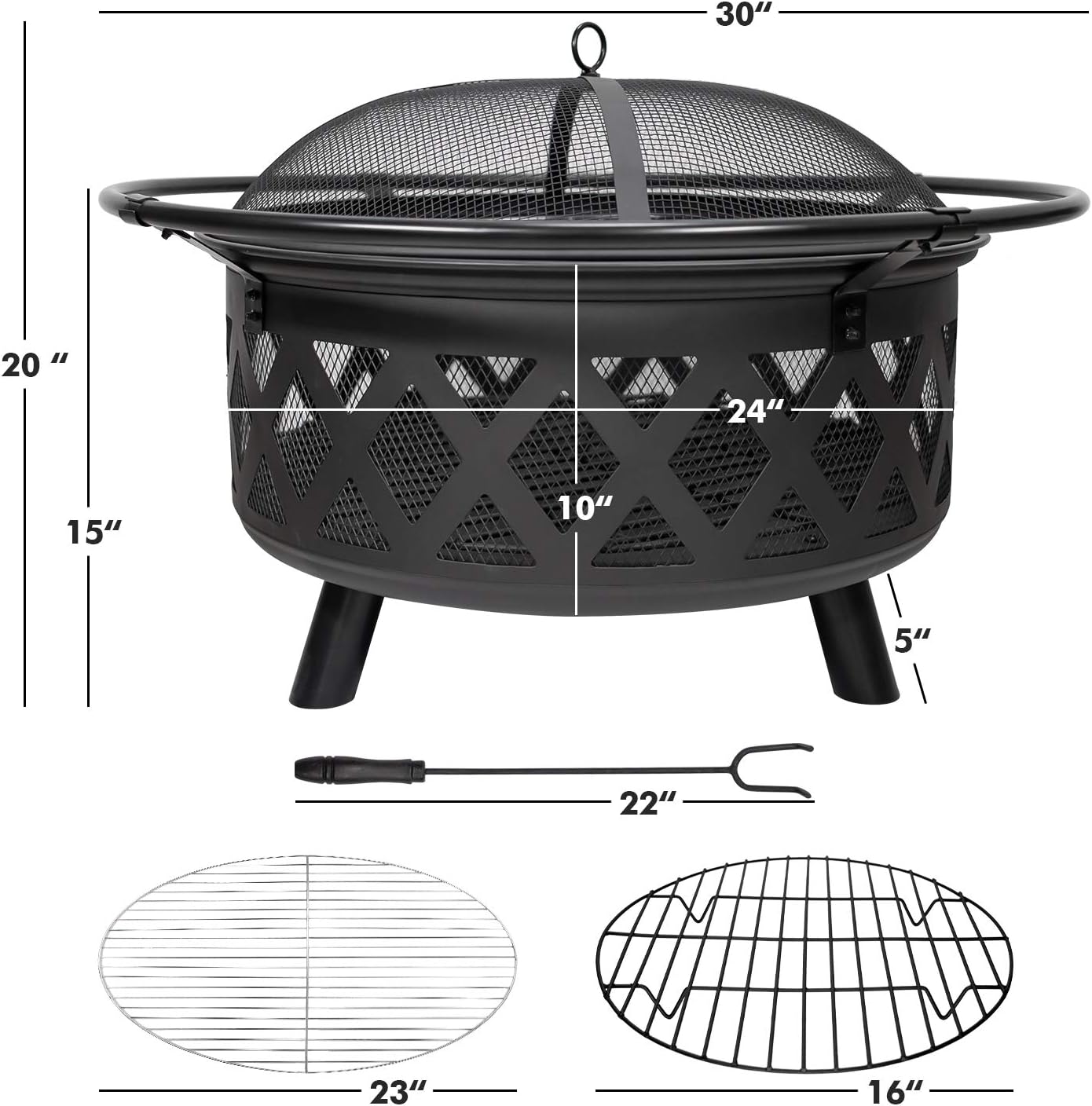Cisvio Outdoor Fire Pit 30in Wood Burning Steel Grill Firepit with Spark Screen Cover, Poker, Grill and Waterproof Cover for Patio Bonfire Backy : Garden & Outdoor