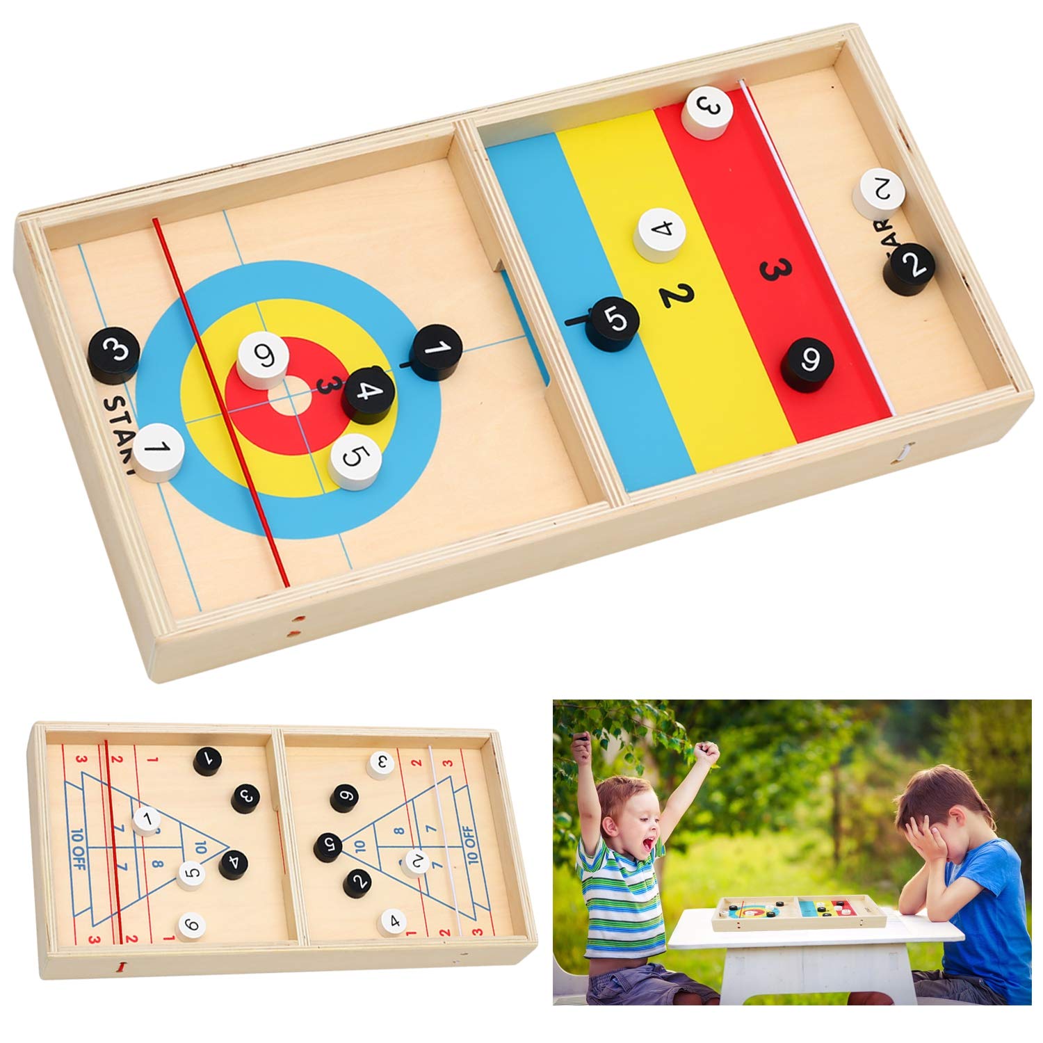 CestMall Table Desktop Battle 2 in 1 Ice Hockey Game, Wooden Classic Board Battle Games for Kids, Table Hockey Game Slingshot Bouncing Chess Hockey Board Game Interactive Games Toys for Family Party