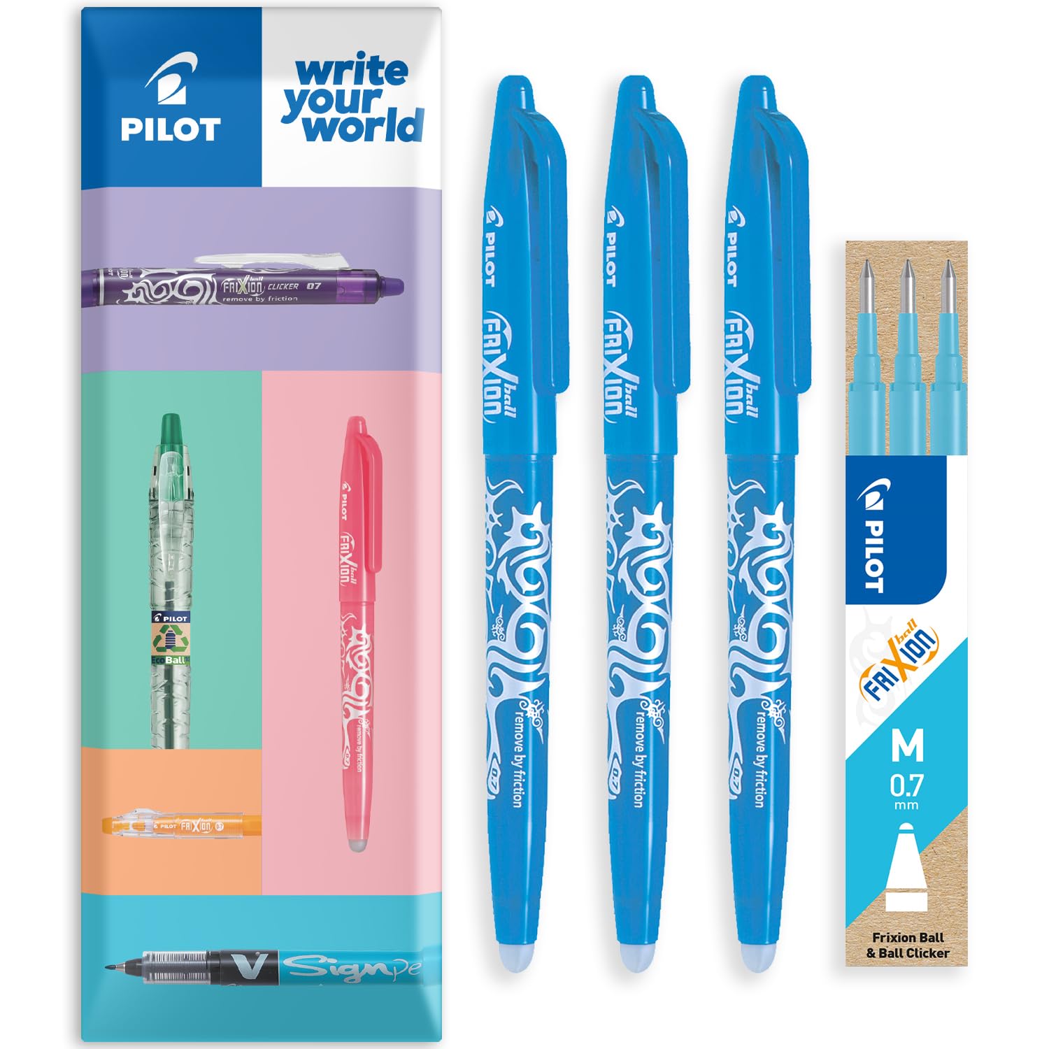 PILOT Frixion Heat/Friction Erasable Rollerball Pen FR7 - Medium Line 0.7mm Tip Nib - In Envelope Gift Packaging - Pack of 3 Pens + 3 Refills (Light Blue)