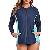 Halcurt Women's Full Zip Long Sleeve Rash Guard Swim Top with Pockets UPF50+ Quick Dry Swimsuit