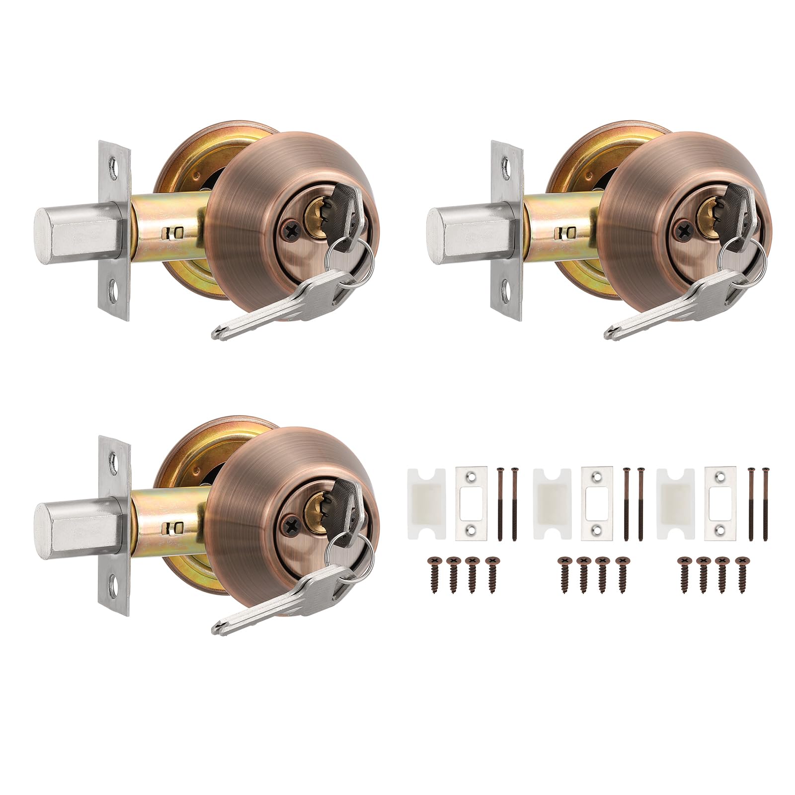 PATIKIL Keyed Alike Double Cylinder Deadbolts, 3 Pack Keyed Entry Door Knob Anti-Theft Exterior Door Hardware for Front Door and Entrance Door, Red-Copper