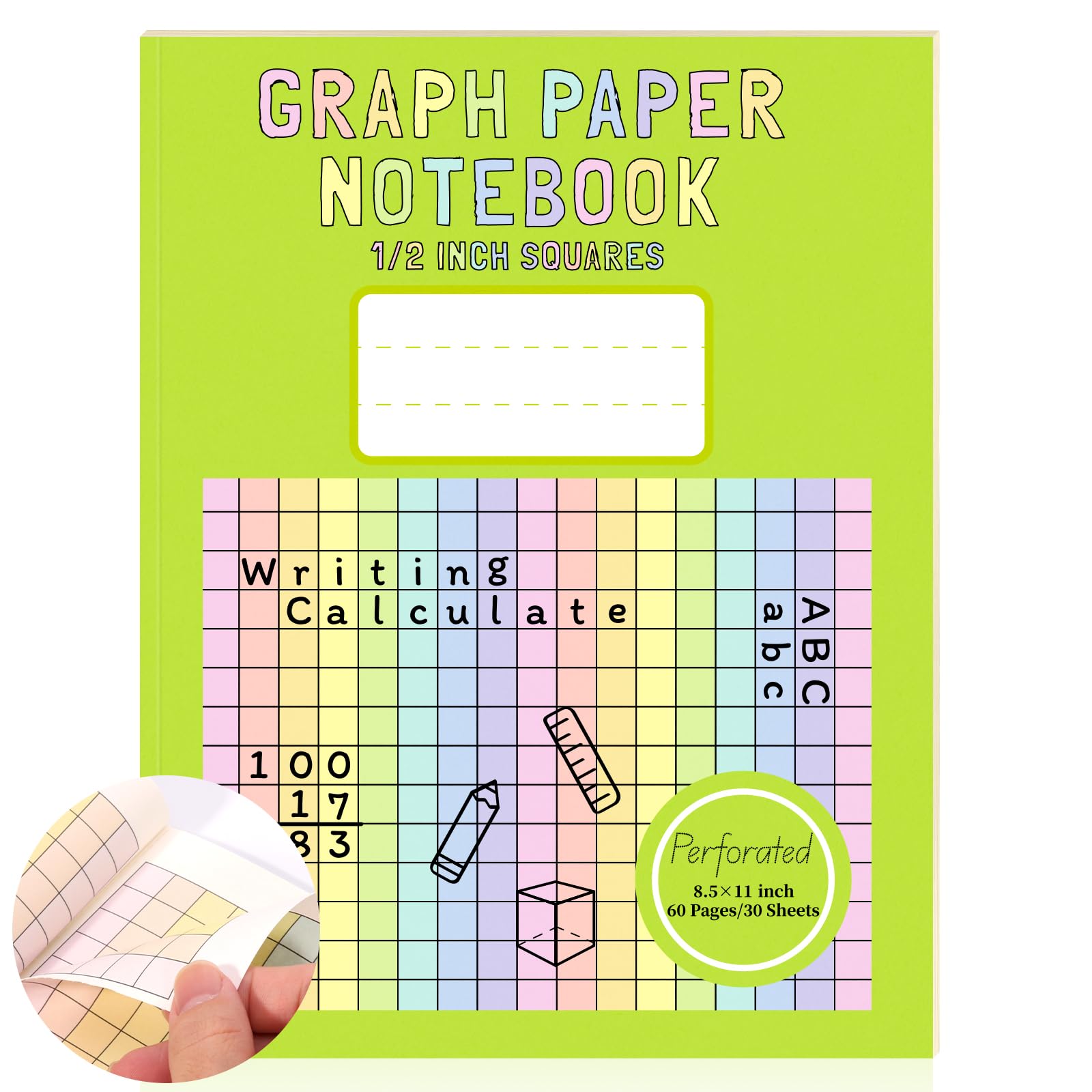 Photo 1 of 1 Pack 8.5×11 Colored Graph Paper Pad Math Notebook Graph Paper 1/2 Inch Squares Large Quad Ruled Grid Composition Notebook Colored Grid Paper Exercise for Kids School Dyslexia Dysgraphia 30 Sheets