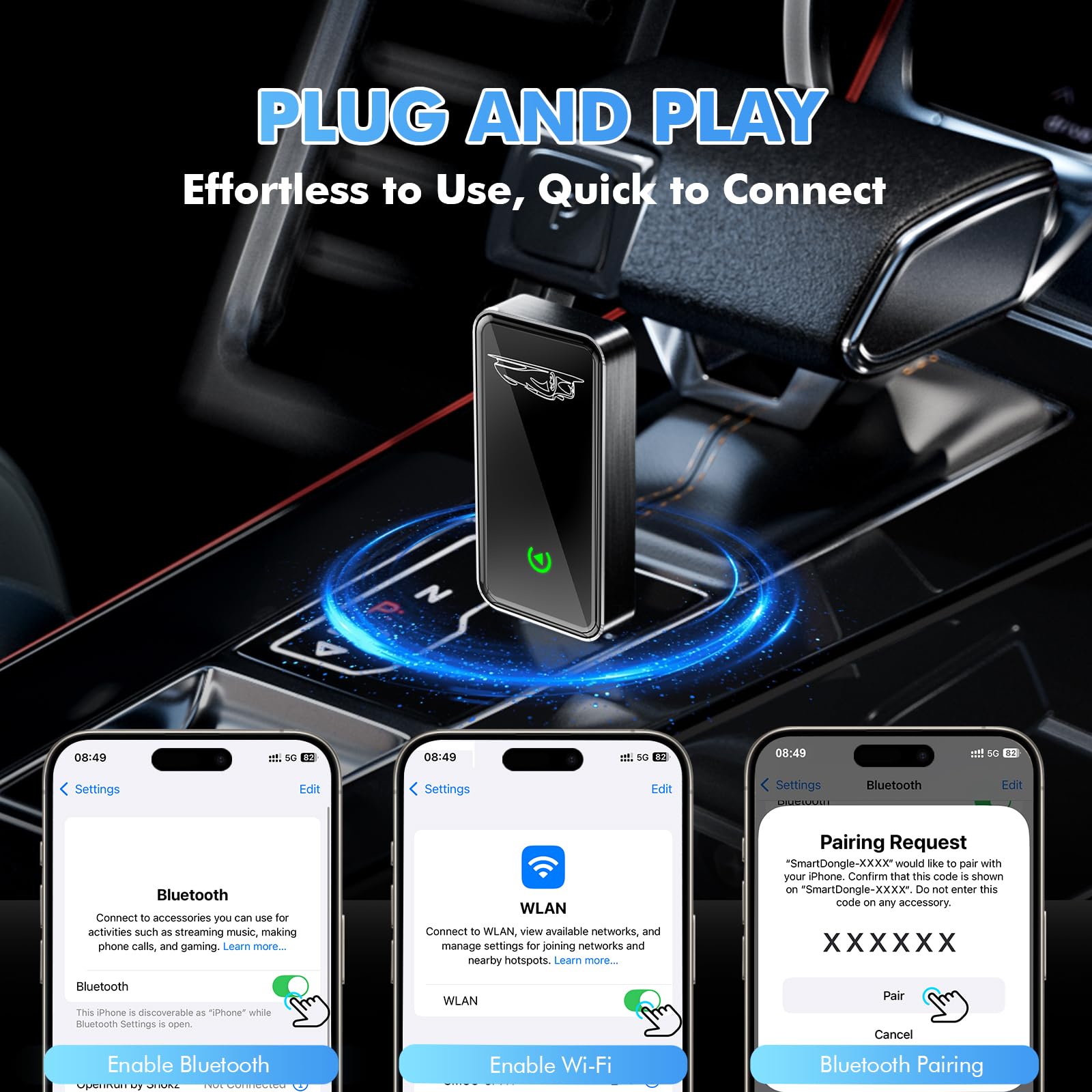 Wireless CarPlay Adapter for Apple iPhone - Converts Factory Wired CarPlay to Wireless, Quick Setup & Auto-Connect Every Drive, CarPlay Dongle for Cars from 2015+ & iOS10+ (Metallic Brushed Blue)