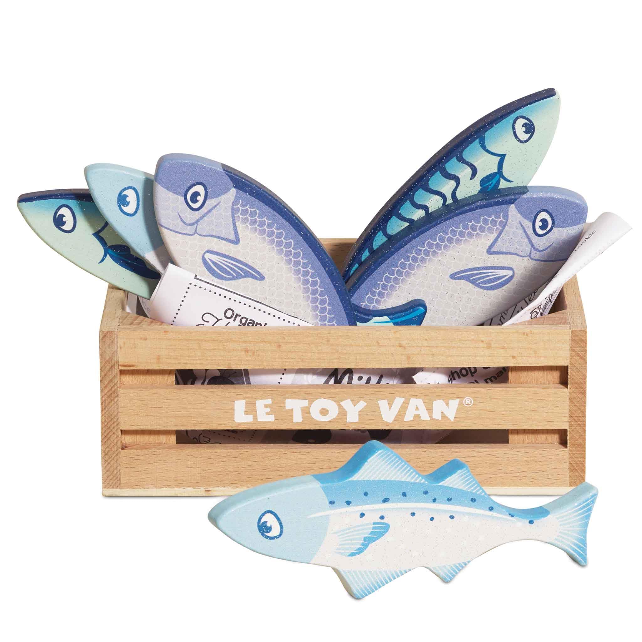 Le Toy Van - Wooden Honeybee Market Fresh Fish Crate Supermarket Pretend Play Shop Food, Blue