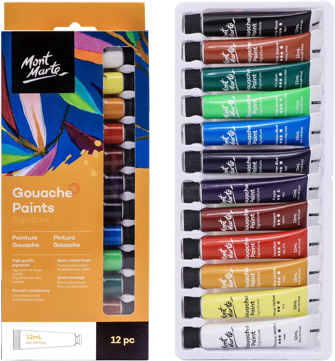 MONT MARTE Gouache Set - 12 pcs, 12 ml tubes - Ideal for gouache painting - Brilliant, lightfast Gouache colours with great opacity