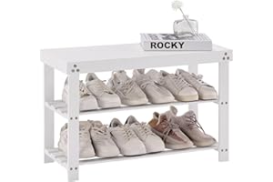 Apicizon Bamboo Shoe Rack for Entryway, 3-Tier Shoe Rack Bench for Front Indoor Entrance, Small Shoe Organizer with Storage, White