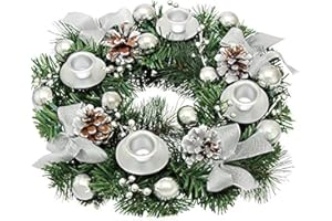 ELITE HOLIDAY PRODUCTS Silver Ribbon Christmas Advent Wreath - Advent Wreaths Season Centerpiece Décor - Advent Candle Holder and X-mas Candles Decorations - Advent Calendar Season Decoration