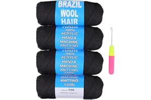 COOKOO 4 Roll Natural Black Brazilian Wool Hair Acrylic Yarn for African Crochet Hair Jumbo Braids Senegalese Twisting Knitting Hair Braids Faux locs Spiral Corkscrews Braids Twist Wraps 70G/Roll(1B#)
