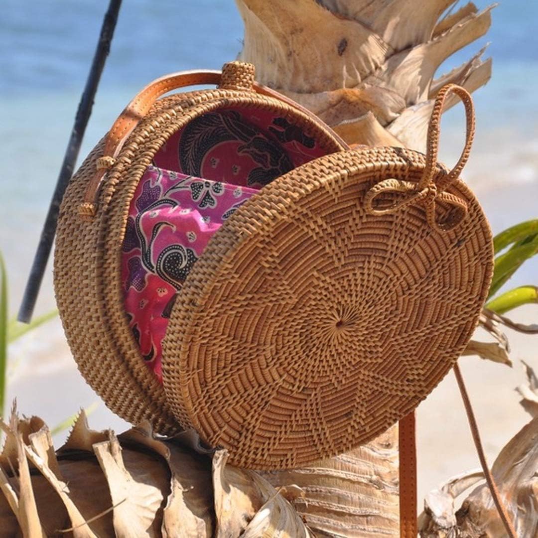 Bali Harvest Round Woven Ata Rattan Bag Batik Linen Inside with Bow Clasp and Flower Pattern (with Genuine Leather Strap)