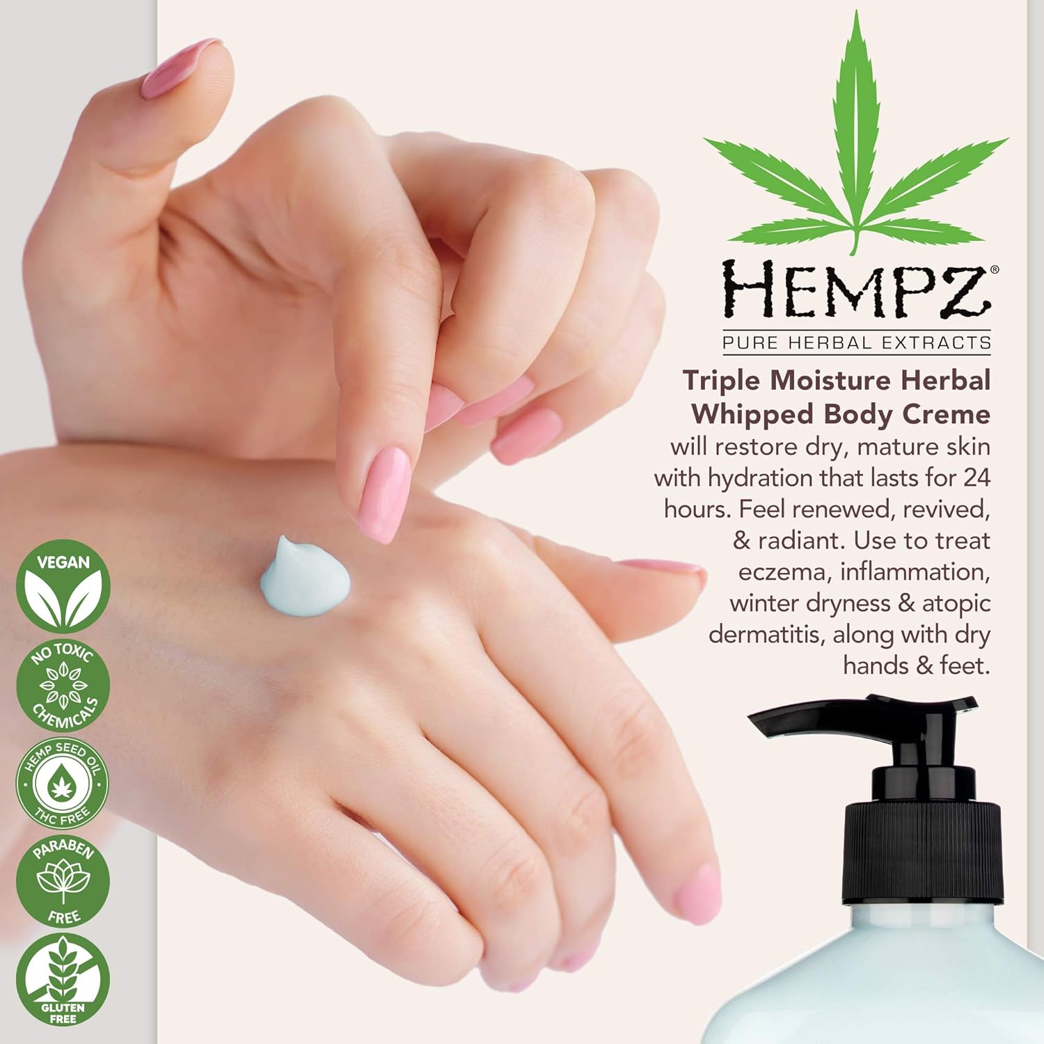 Hempz Natural Triple Moisture Herbal Whipped Body Cream with 100% Pure Hemp Seed Oil for 24-Hour Hydration - Moisturizing Vegan Skin Lotion with Yangu Oil, Peach and Grapefruit - Enriched Moisturizer : Body Gels And Creams : Beauty